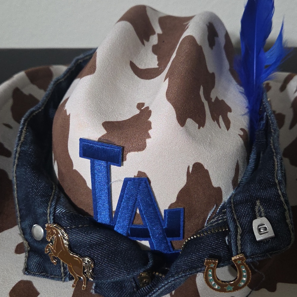 Cow Print Cowboy Hat with Blue LA Patch - Picture 4 of 4
